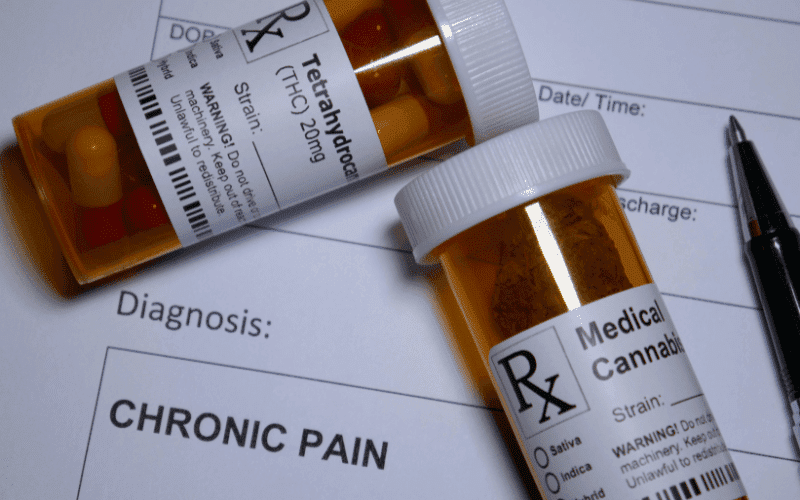 Image of a medical prescription for cannabis with a chronic pain diagnosis, reflecting the debate on whether such pain conditions are approved for medical marijuana treatment in Texas.